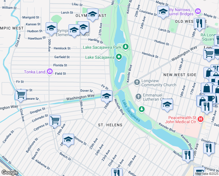 map of restaurants, bars, coffee shops, grocery stores, and more near 2611 Nichols Boulevard in Longview