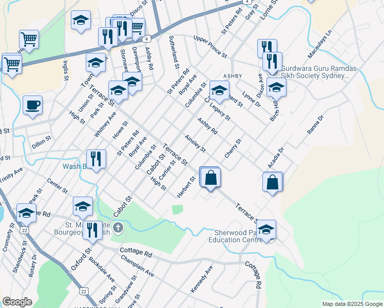 map of restaurants, bars, coffee shops, grocery stores, and more near 469 Atlantic Street in Sydney
