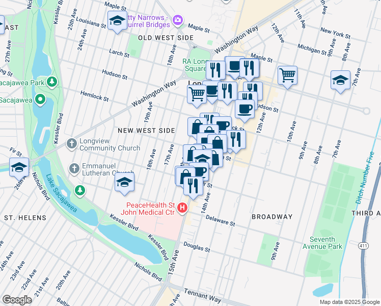 map of restaurants, bars, coffee shops, grocery stores, and more near 1054 16th Avenue in Longview