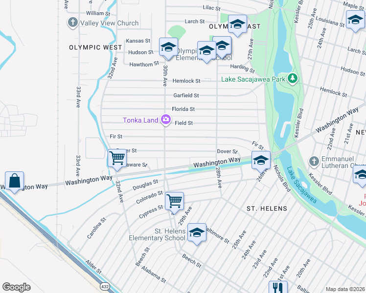 map of restaurants, bars, coffee shops, grocery stores, and more near 2924 Dover Street in Longview