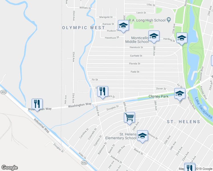 map of restaurants, bars, coffee shops, grocery stores, and more near 3122 Dover Street in Longview