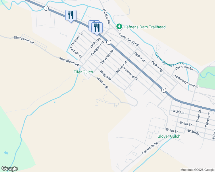 map of restaurants, bars, coffee shops, grocery stores, and more near 380 Marcus Daly Drive in Anaconda
