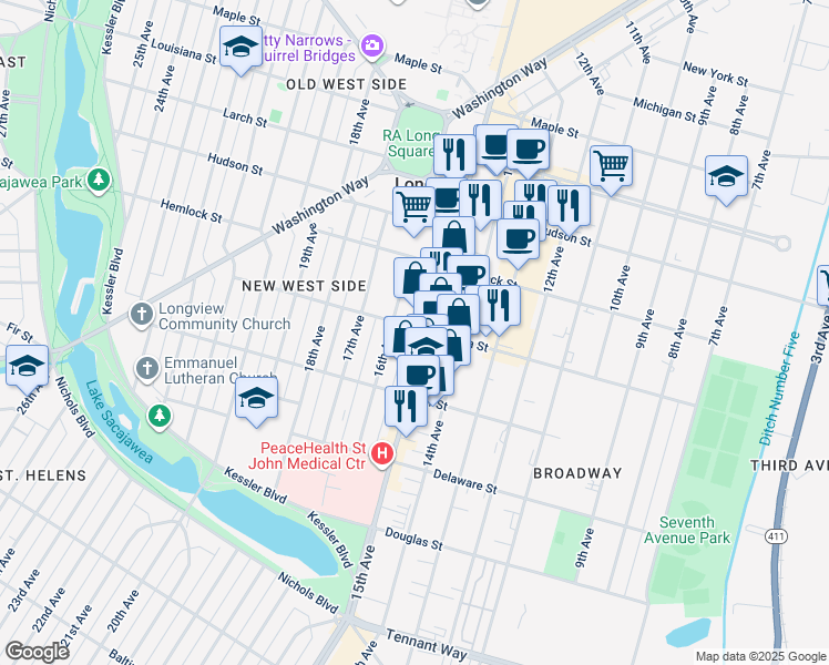 map of restaurants, bars, coffee shops, grocery stores, and more near 1071 15th Avenue in Longview