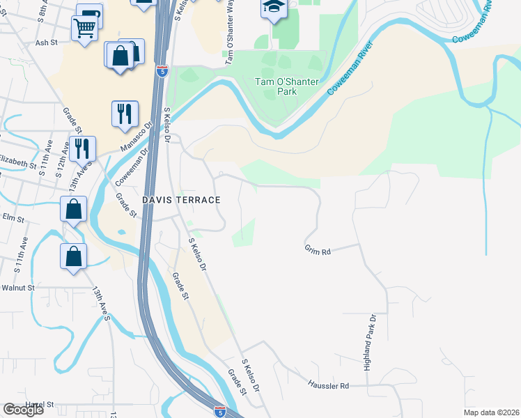 map of restaurants, bars, coffee shops, grocery stores, and more near 2010 Grim Road in Kelso