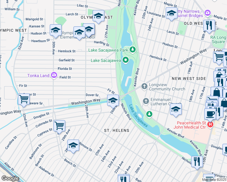 map of restaurants, bars, coffee shops, grocery stores, and more near 2611 Nichols Boulevard in Longview