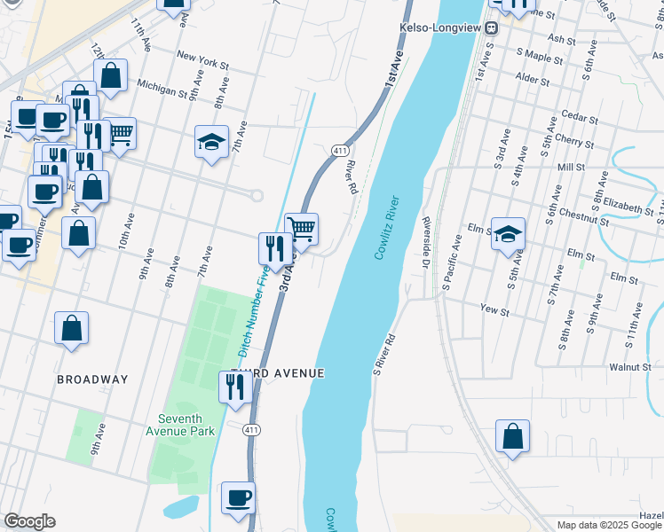 map of restaurants, bars, coffee shops, grocery stores, and more near 201 Hudson Street in Longview