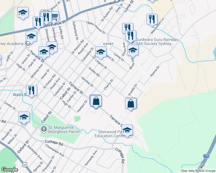 map of restaurants, bars, coffee shops, grocery stores, and more near 274 Cherry Street in Sydney