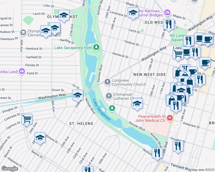 map of restaurants, bars, coffee shops, grocery stores, and more near 2323 Washington Way in Longview