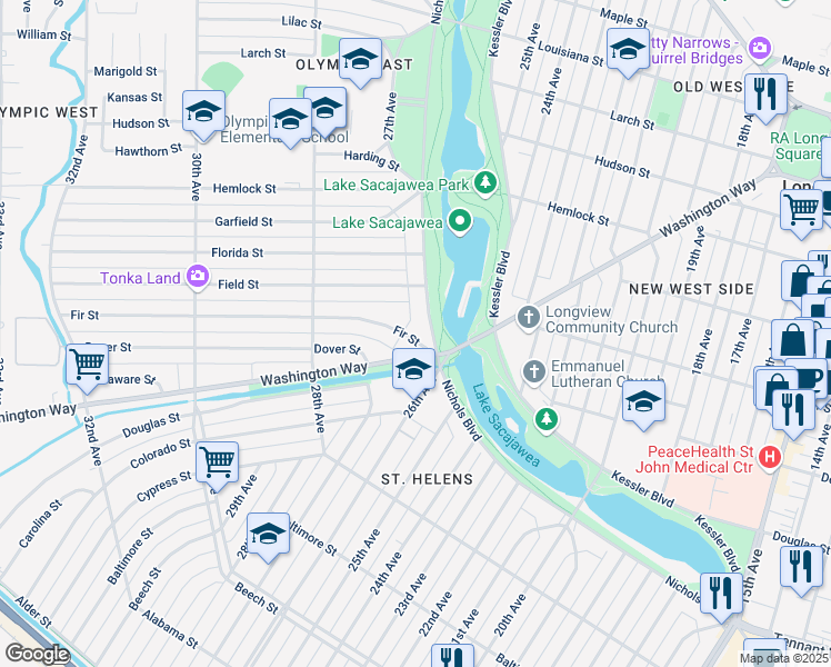 map of restaurants, bars, coffee shops, grocery stores, and more near 2611 Nichols Boulevard in Longview