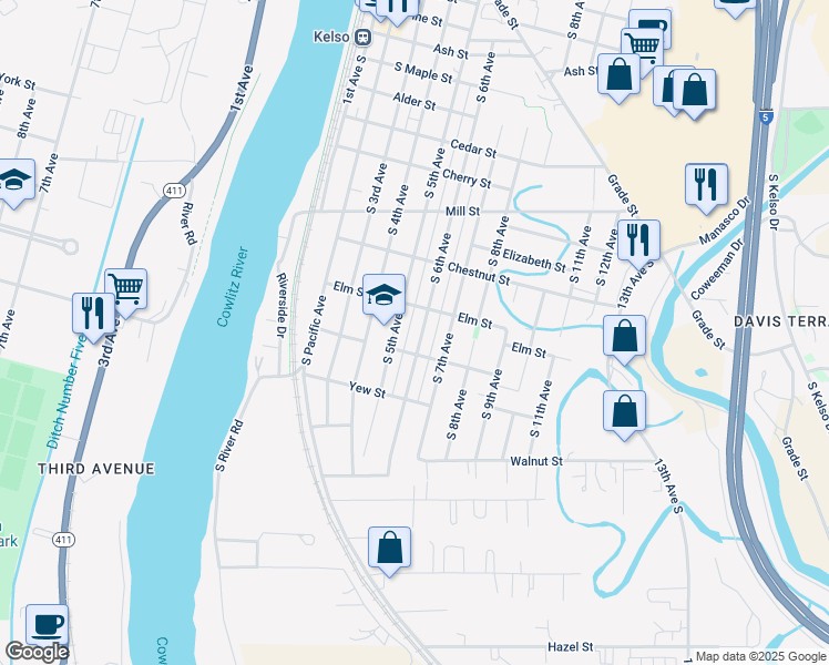 map of restaurants, bars, coffee shops, grocery stores, and more near 1213 South 6th Avenue in Kelso