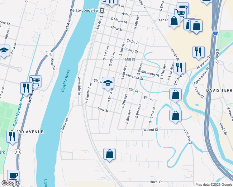 map of restaurants, bars, coffee shops, grocery stores, and more near 1209 South 6th Avenue in Kelso