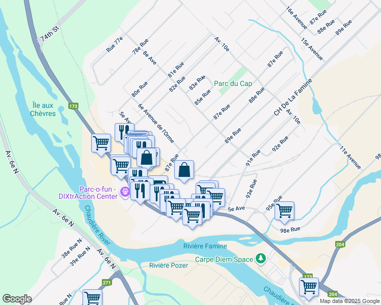 map of restaurants, bars, coffee shops, grocery stores, and more near 620 87e Rue in Saint-Georges