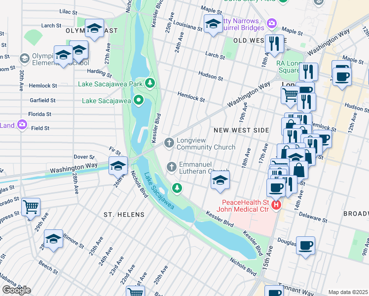 map of restaurants, bars, coffee shops, grocery stores, and more near 2151 Fir Street in Longview