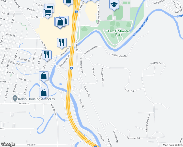 map of restaurants, bars, coffee shops, grocery stores, and more near 1838 Alma Drive in Kelso