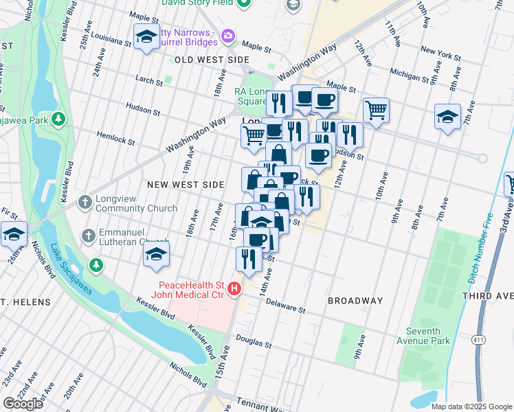 map of restaurants, bars, coffee shops, grocery stores, and more near 1071 15th Avenue in Longview