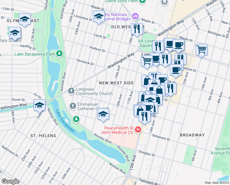 map of restaurants, bars, coffee shops, grocery stores, and more near 1027 18th Avenue in Longview