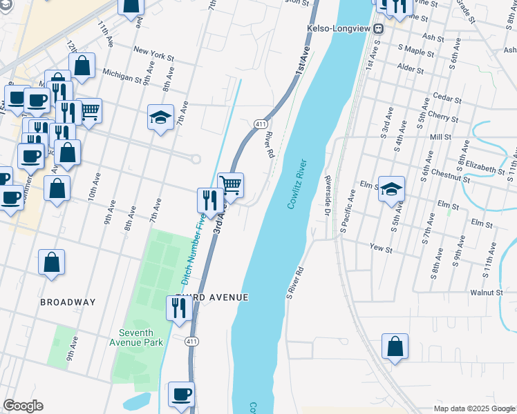 map of restaurants, bars, coffee shops, grocery stores, and more near 201 Hudson Street in Longview