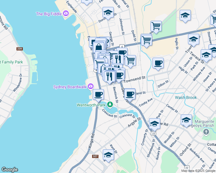 map of restaurants, bars, coffee shops, grocery stores, and more near 74 Townsend Street in Sydney