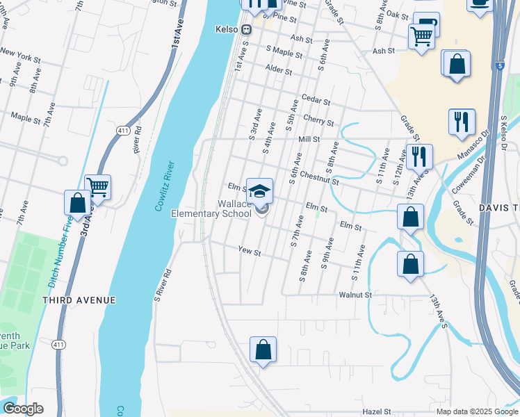 map of restaurants, bars, coffee shops, grocery stores, and more near 410 Elm Street in Kelso