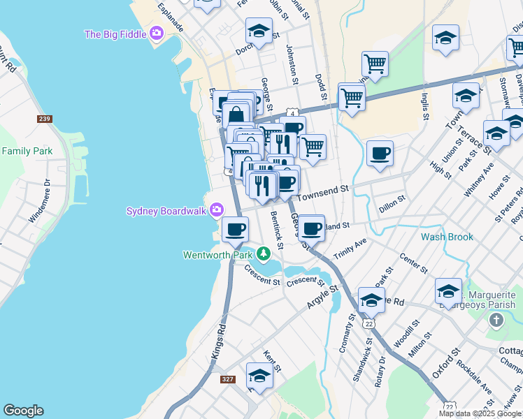 map of restaurants, bars, coffee shops, grocery stores, and more near 74 Townsend Street in Sydney