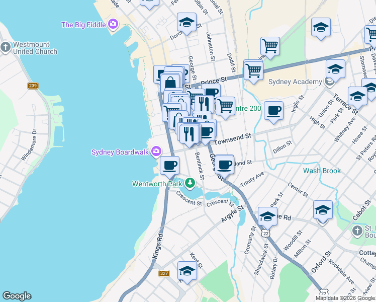 map of restaurants, bars, coffee shops, grocery stores, and more near 74 Townsend Street in Sydney