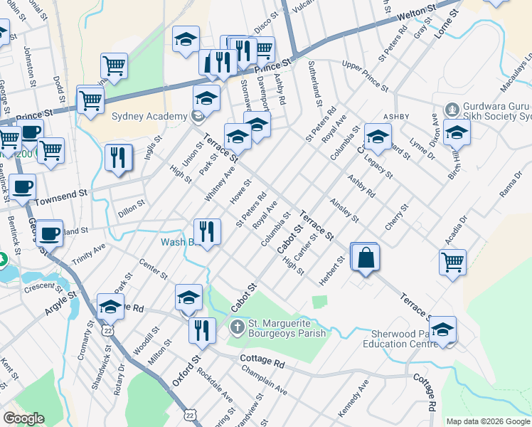 map of restaurants, bars, coffee shops, grocery stores, and more near Royal Avenue in Sydney