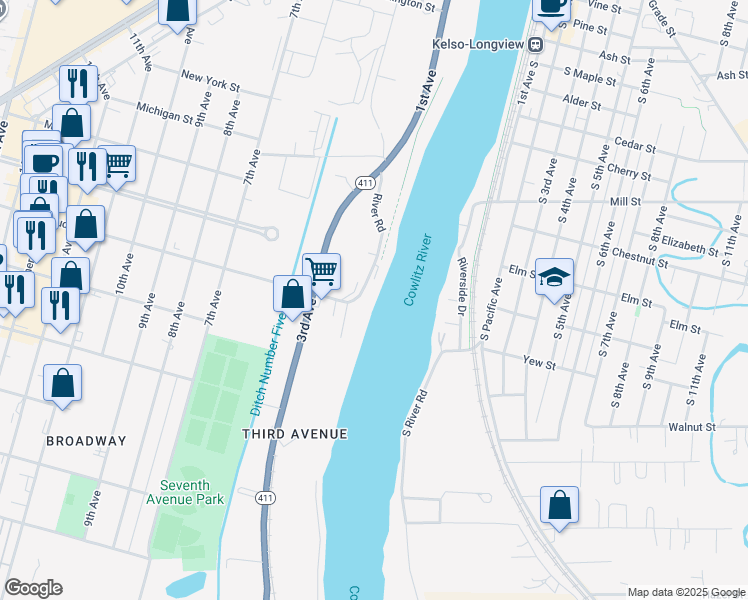 map of restaurants, bars, coffee shops, grocery stores, and more near 201 Hudson Street in Longview