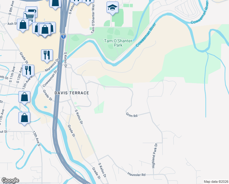 map of restaurants, bars, coffee shops, grocery stores, and more near 2010 Grim Road in Kelso