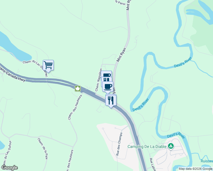 map of restaurants, bars, coffee shops, grocery stores, and more near 195 Montée Ryan in Mont-Tremblant
