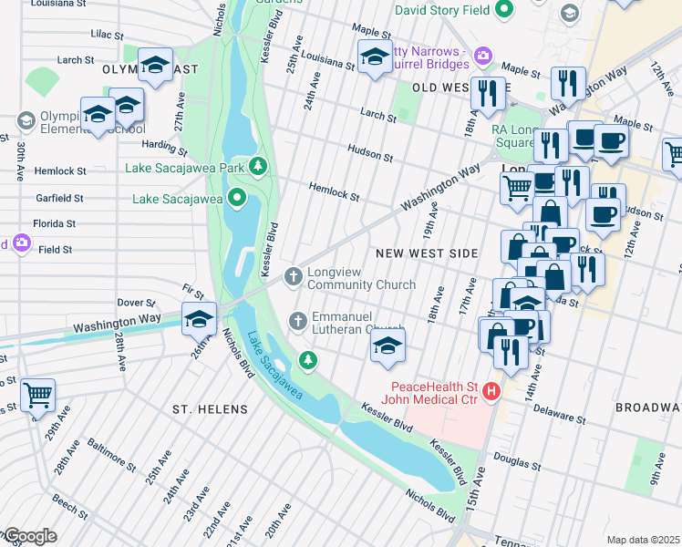map of restaurants, bars, coffee shops, grocery stores, and more near 2141 Washington Way in Longview