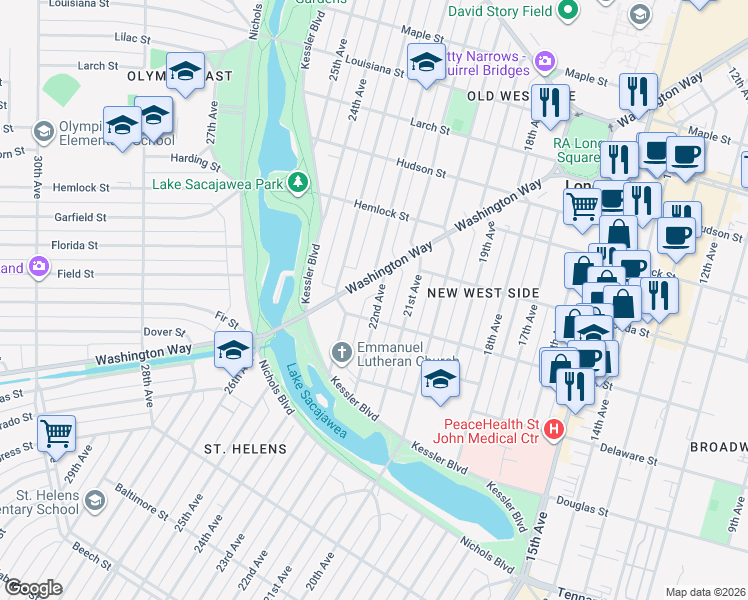 map of restaurants, bars, coffee shops, grocery stores, and more near 1027 22nd Avenue in Longview