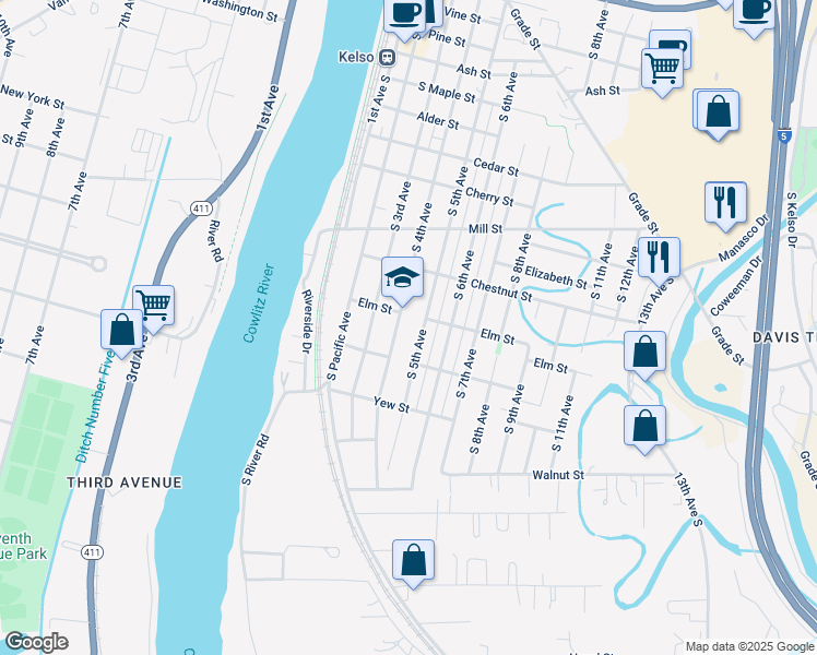 map of restaurants, bars, coffee shops, grocery stores, and more near 410 Elm Street in Kelso