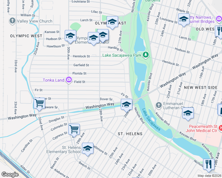 map of restaurants, bars, coffee shops, grocery stores, and more near 2714 Fir Street in Longview