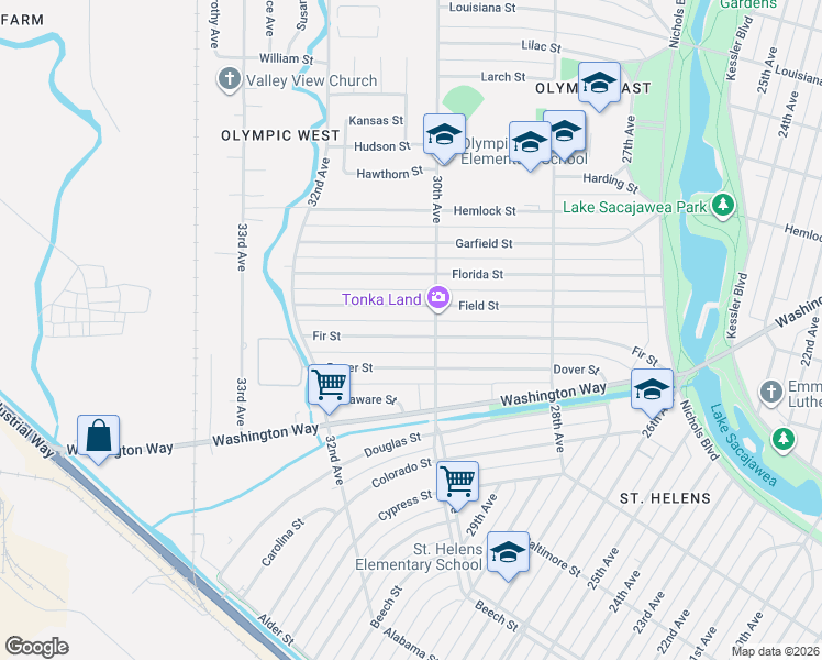 map of restaurants, bars, coffee shops, grocery stores, and more near 3024 Fir Street in Longview