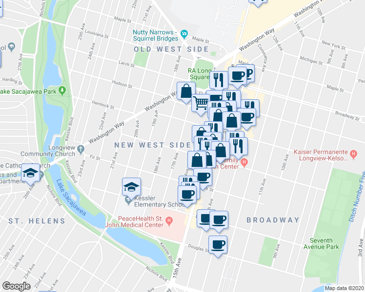 map of restaurants, bars, coffee shops, grocery stores, and more near 1136 17th Avenue in Longview