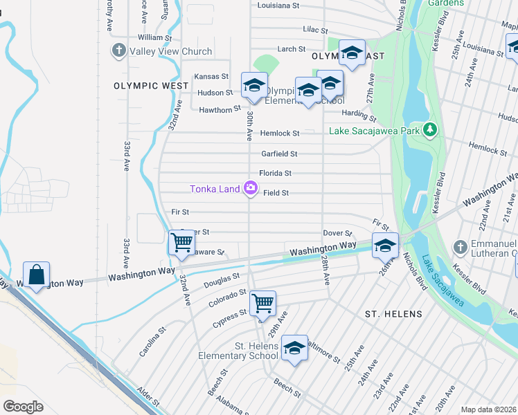 map of restaurants, bars, coffee shops, grocery stores, and more near 2929 Field Street in Longview