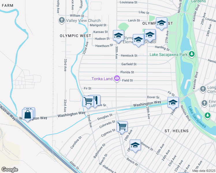 map of restaurants, bars, coffee shops, grocery stores, and more near 3028 Fir Street in Longview