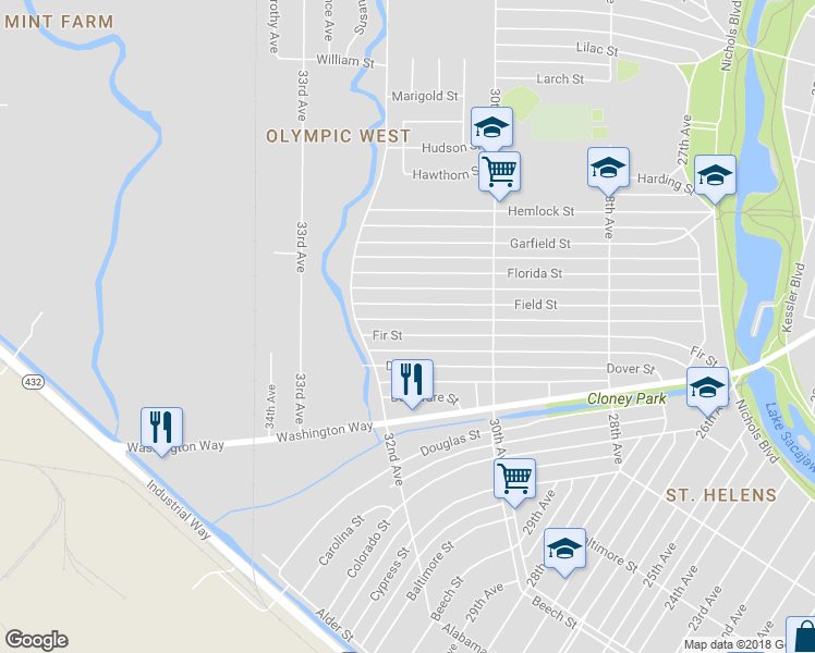 map of restaurants, bars, coffee shops, grocery stores, and more near 3128 Fir Street in Longview