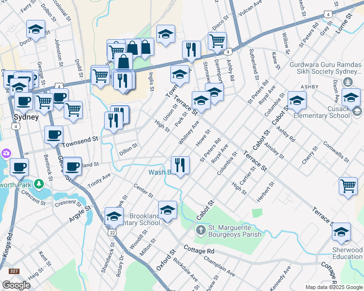 map of restaurants, bars, coffee shops, grocery stores, and more near 190 Whitney Avenue in Sydney