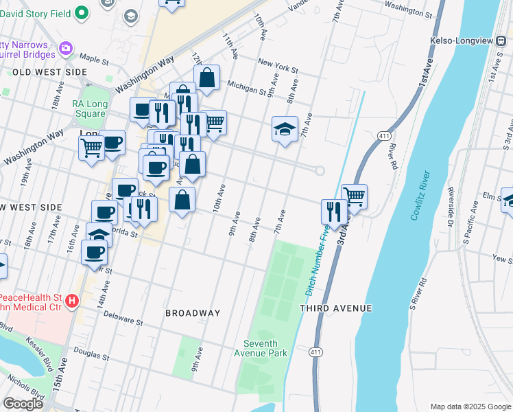 map of restaurants, bars, coffee shops, grocery stores, and more near 1235 8th Avenue in Longview