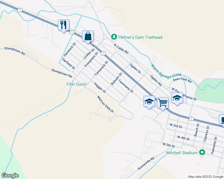 map of restaurants, bars, coffee shops, grocery stores, and more near 1901 Hamburg Street in Anaconda