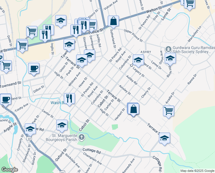 map of restaurants, bars, coffee shops, grocery stores, and more near 276 Columbia Street in Sydney