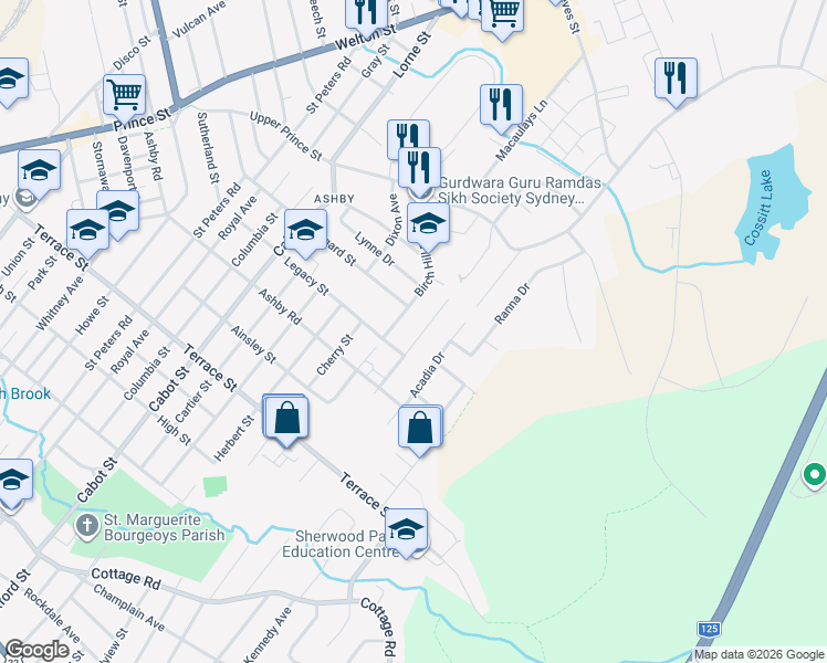 map of restaurants, bars, coffee shops, grocery stores, and more near 213 Cusack Drive in Sydney
