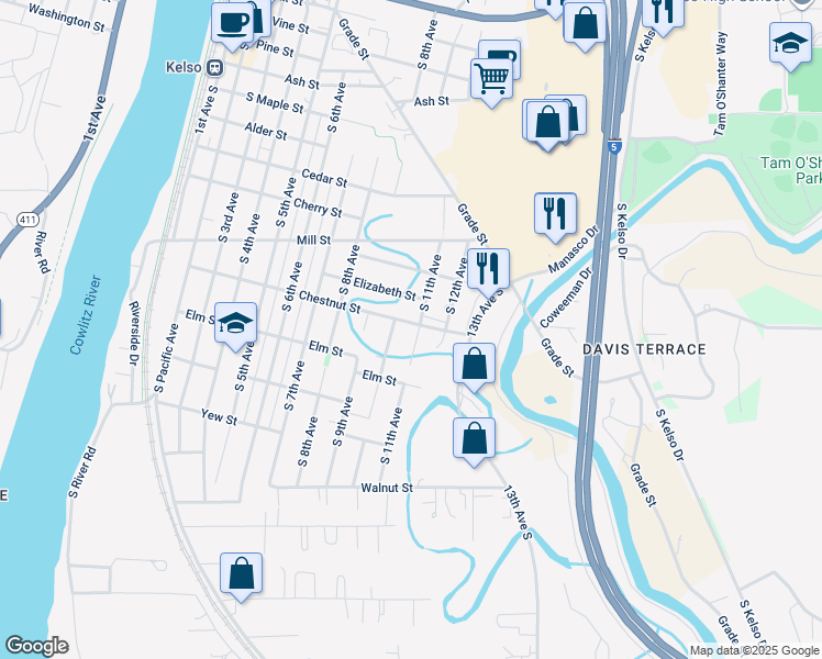 map of restaurants, bars, coffee shops, grocery stores, and more near 1007 Chestnut Street in Kelso