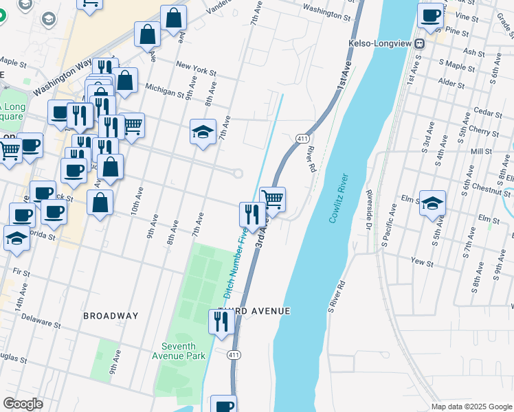 map of restaurants, bars, coffee shops, grocery stores, and more near 310 Hudson Street in Longview