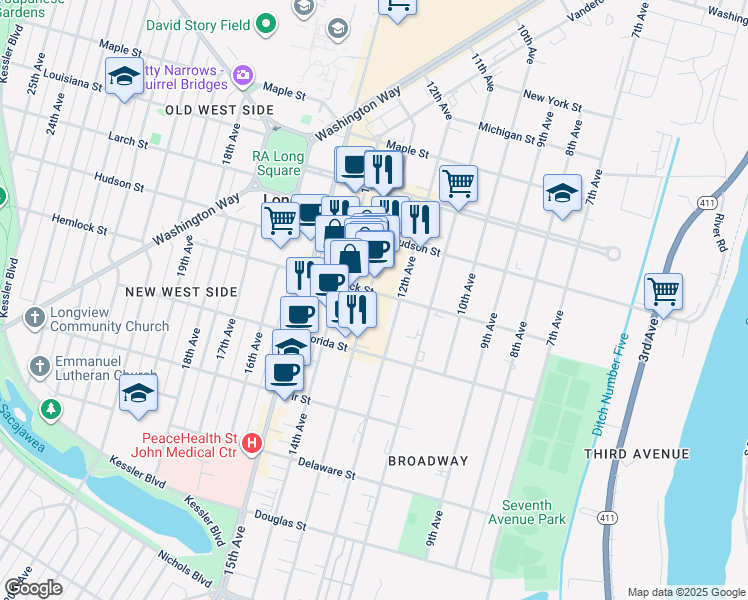 map of restaurants, bars, coffee shops, grocery stores, and more near 1166 Commerce Avenue in Longview