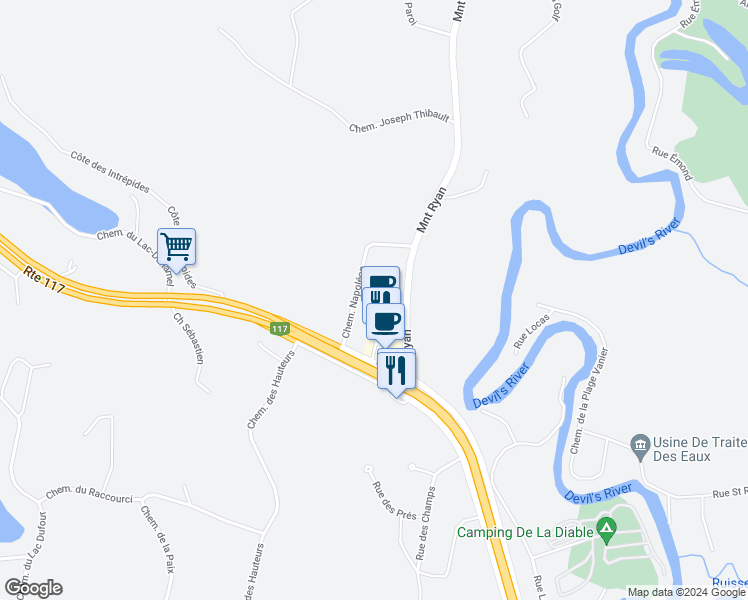 map of restaurants, bars, coffee shops, grocery stores, and more near 195 Montée Ryan in Mont-Tremblant