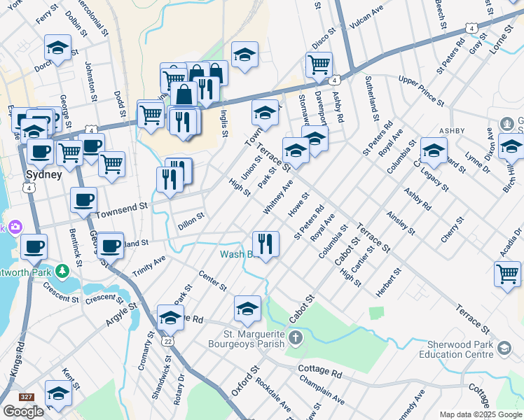 map of restaurants, bars, coffee shops, grocery stores, and more near 189 Whitney Avenue in Sydney