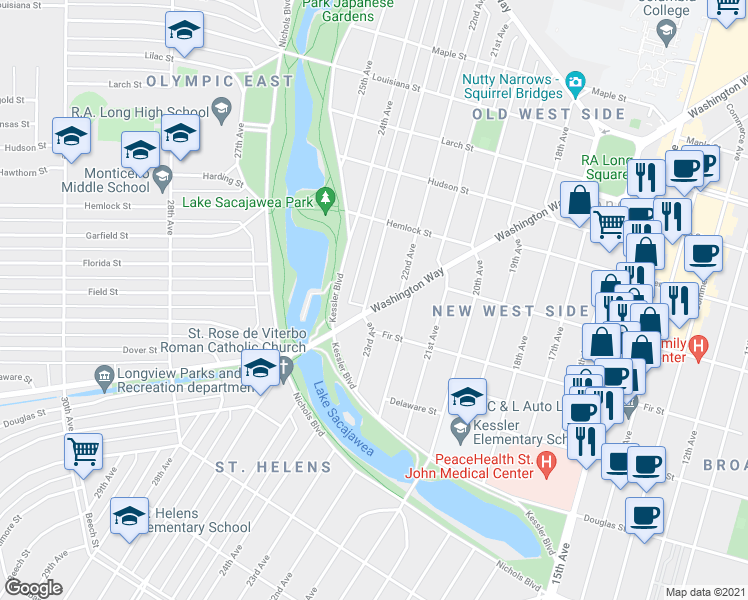 map of restaurants, bars, coffee shops, grocery stores, and more near 2240 Washington Way in Longview