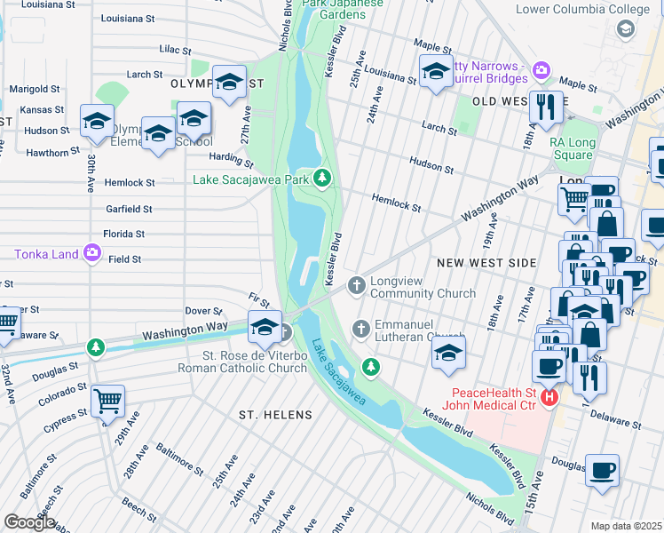 map of restaurants, bars, coffee shops, grocery stores, and more near 1016 Kessler Boulevard in Longview